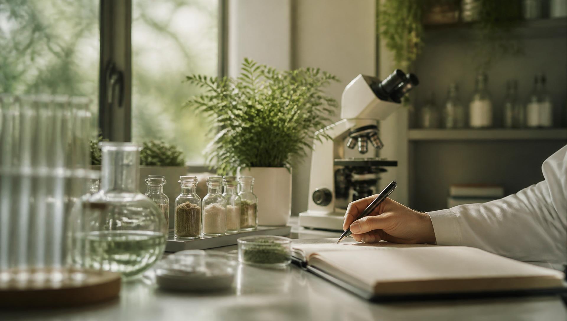 Pharmaceutical research bench in soft daylight